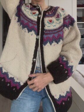 Hand Knit Fair Isle Cardigan Floral Yoke Chunky Nordic Grandpa Sweater
